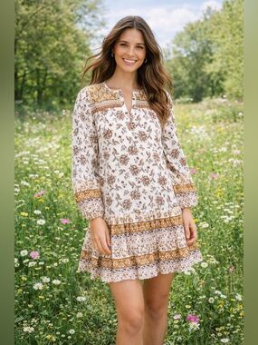 LOFT Cream Floral Tiered Mini Dress with Brown Accents